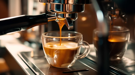 coffee machine making a cappuccino in a beautiful cupの素材