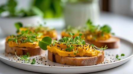 Vegetarian bruschetta with pumpkin hummus and microgreensの素材