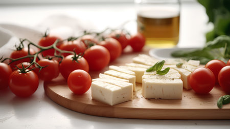 Tomatoes and mozzarella cheese on a wooden board, selective focusの素材
