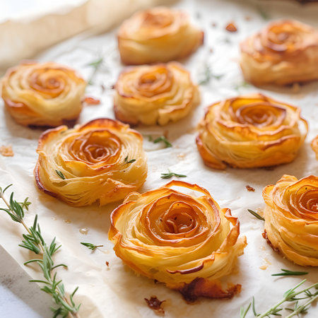 Baked puff pastry roses with rosemary on a baking sheet.の素材