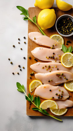 Raw chicken fillets with spices and herbs on wooden cutting board.の素材