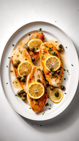 Grilled fish fillet with capers and lemon on white plateの素材