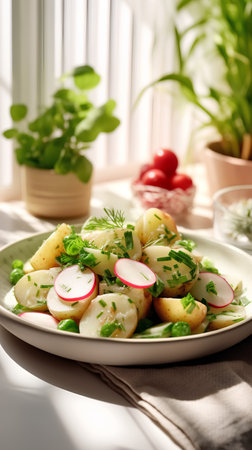 Potato salad with radish and dill on a light backgroundの素材