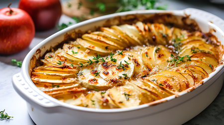 Potato gratin with thyme in baking dish on the tableの素材