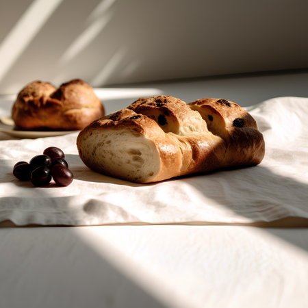 Freshly baked buns with raisins and olives on a linen napkin.の素材