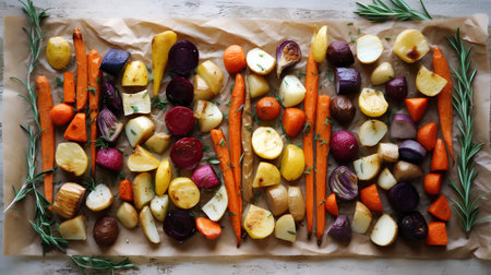 Baked vegetables with rosemary and thyme on baking paper. Top view.の素材
