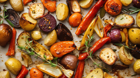 Roasted vegetables with rosemary and thyme. Top view.の素材