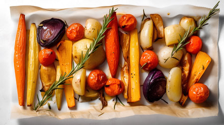 Fried vegetables with rosemary and thyme on a white plateの素材