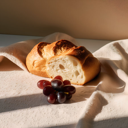 Freshly baked buns with grapes on a white tablecloth.の素材