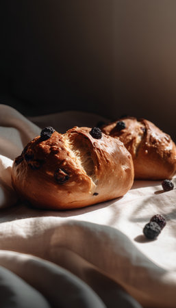 Raisin buns with raisins on a linen tablecloth.の素材