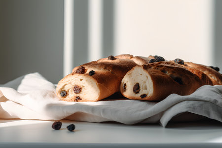 Freshly baked buns with raisins on a white table.の素材