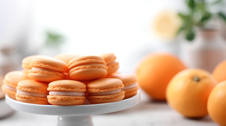 Orange macaroons on a white plate with oranges in the backgroundの素材