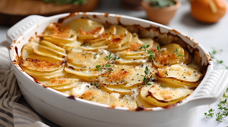 Potato casserole with cheese and thyme in baking dishの素材