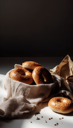 Bagels with sesame seeds on a linen napkin on a dark backgroundの素材