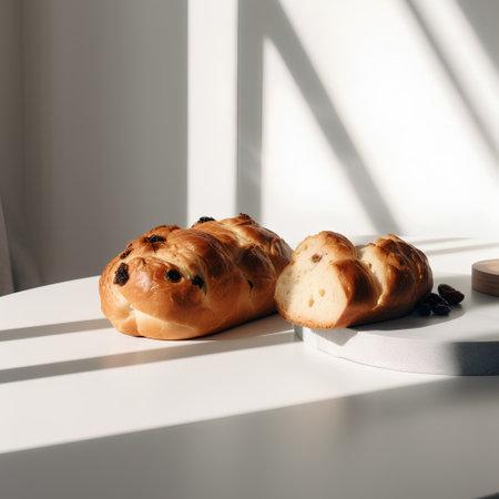 Bun with raisins on a white table in the rays of sunlightの素材