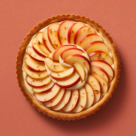 Top view of apple tart on a red background with copy space.の素材