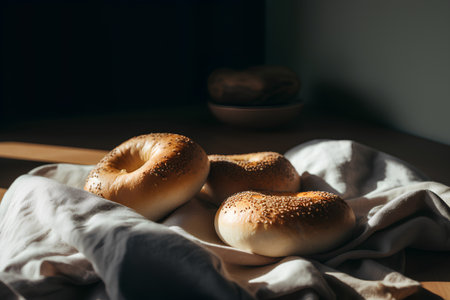 Freshly baked bagels with sesame seeds on a wooden table. Selective focus.の素材