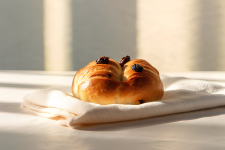 Croissant with raisins on a white tablecloth.の素材