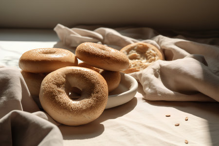 Bagels with sesame seeds on a white plate and linen cloth on a windowsill.の素材