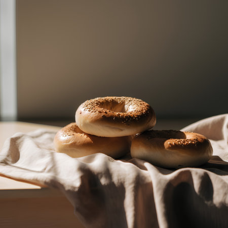 Freshly baked bagels on a linen napkin, selective focusの素材