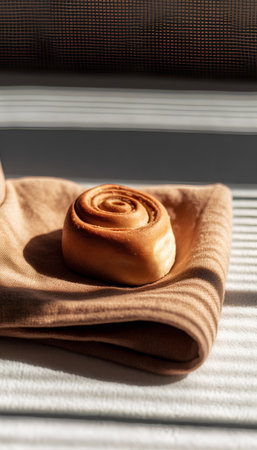 Cinnamon bun on a linen napkin on a window sill.の素材