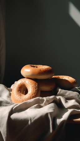 Bagels with sesame seeds on a linen tablecloth.の素材