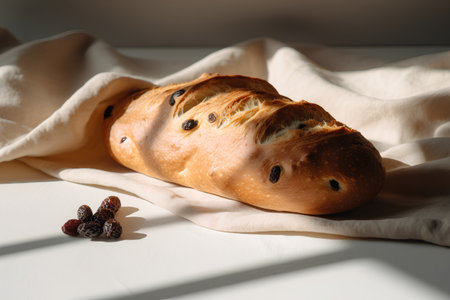Freshly baked bread with raisins on a light background.の素材