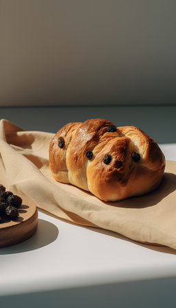 Raisin bread with raisins on a wooden board on a gray backgroundの素材