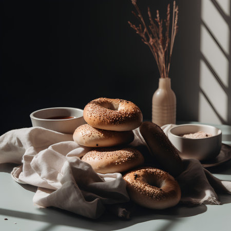 Bagels with sesame seeds and coffee on a white tableの素材