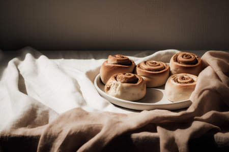 Homemade cinnamon buns on a plate on a white tablecloth. Toned.の素材