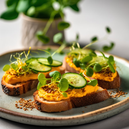 Vegetarian bruschetta with avocado, cucumber and microgreens.の素材