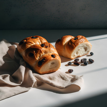 Freshly baked buns with raisins on a white backgroundの素材