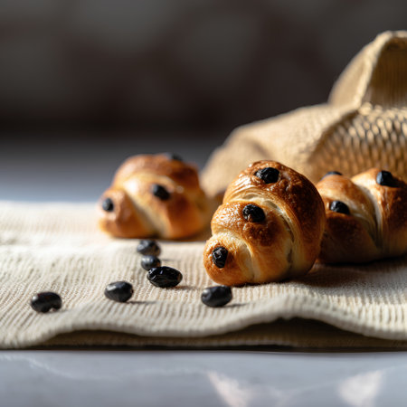 Fresh croissants with black olives on a linen napkinの素材