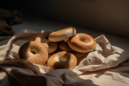 Freshly baked bagels on a linen cloth. Selective focus.の素材