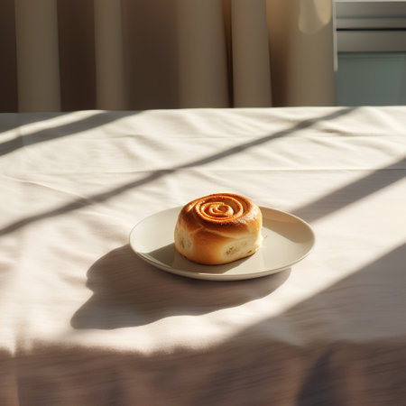 Cinnamon rolls on a plate on the table in the morning sunlightの素材