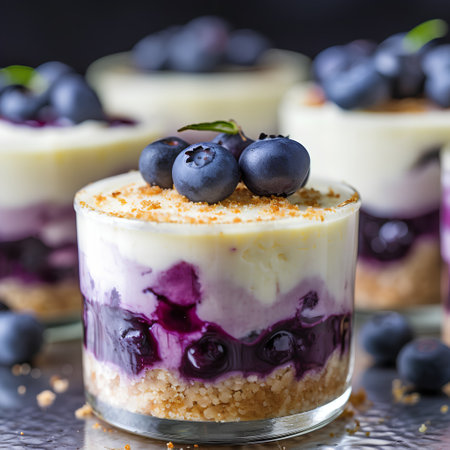 Blueberry cheesecake with whipped cream and fresh blueberries, squareの素材