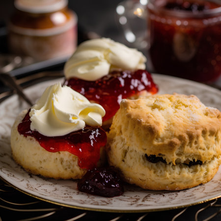 Traditional English scones with jam and butter. Selective focus.の素材