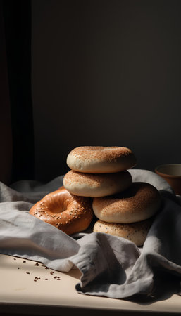 Bagels with sesame seeds on a light background. Selective focus.の素材