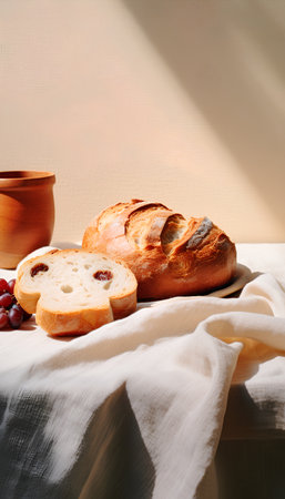 Still life with ciabatta bread and dried cranberries on tableの素材
