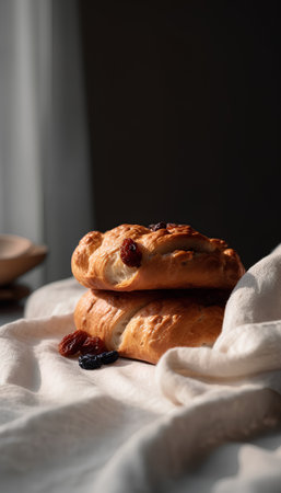 Freshly baked buns with raisins on a linen cloth.の素材