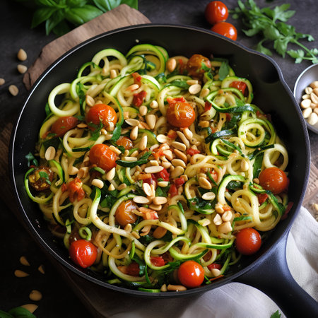 Zucchini pasta with pine nuts and cherry tomatoes in a panの素材