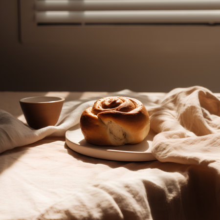 Cup of coffee and cinnamon rolls on the bed in the morning sunlight.の素材