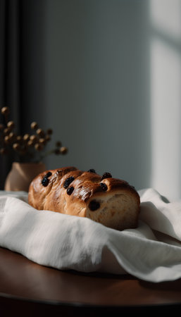 Raisin bread with raisins on a white napkin.の素材