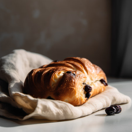 Freshly baked croissant with raisins, selective focusの素材