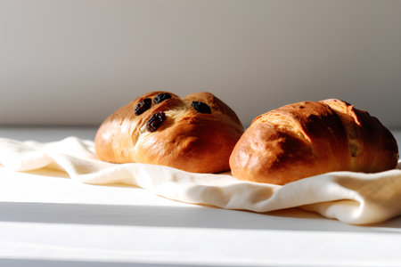 Freshly baked buns with raisins on a white tablecloth.の素材