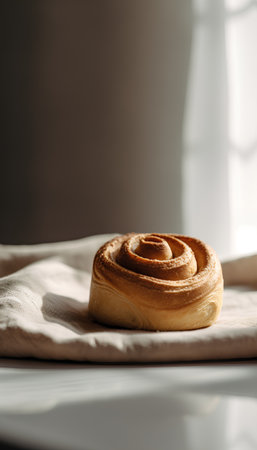 Freshly baked cinnamon roll on a linen cloth, shallow depth of fieldの素材