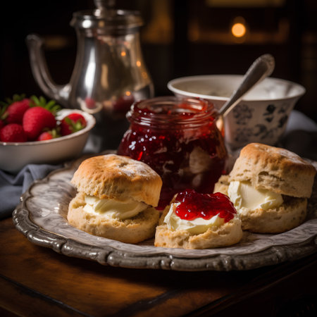 Scones with strawberry jam and butter on a rustic backgroundの素材