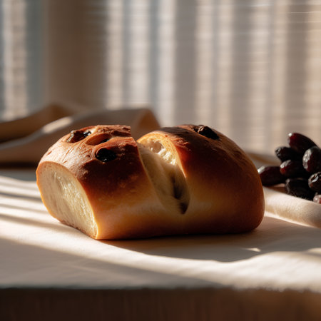 Sweet bun with raisins on a wooden table in sunlight.の素材