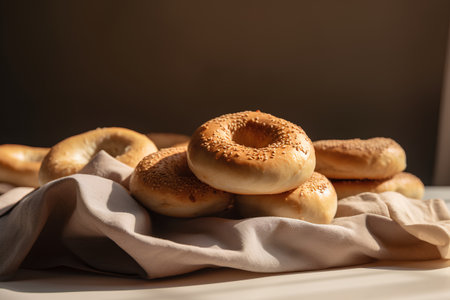 Freshly baked bagels on a light background. Toned.の素材