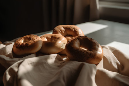 Bagels with sesame seeds on the bed. Selective focus.の素材